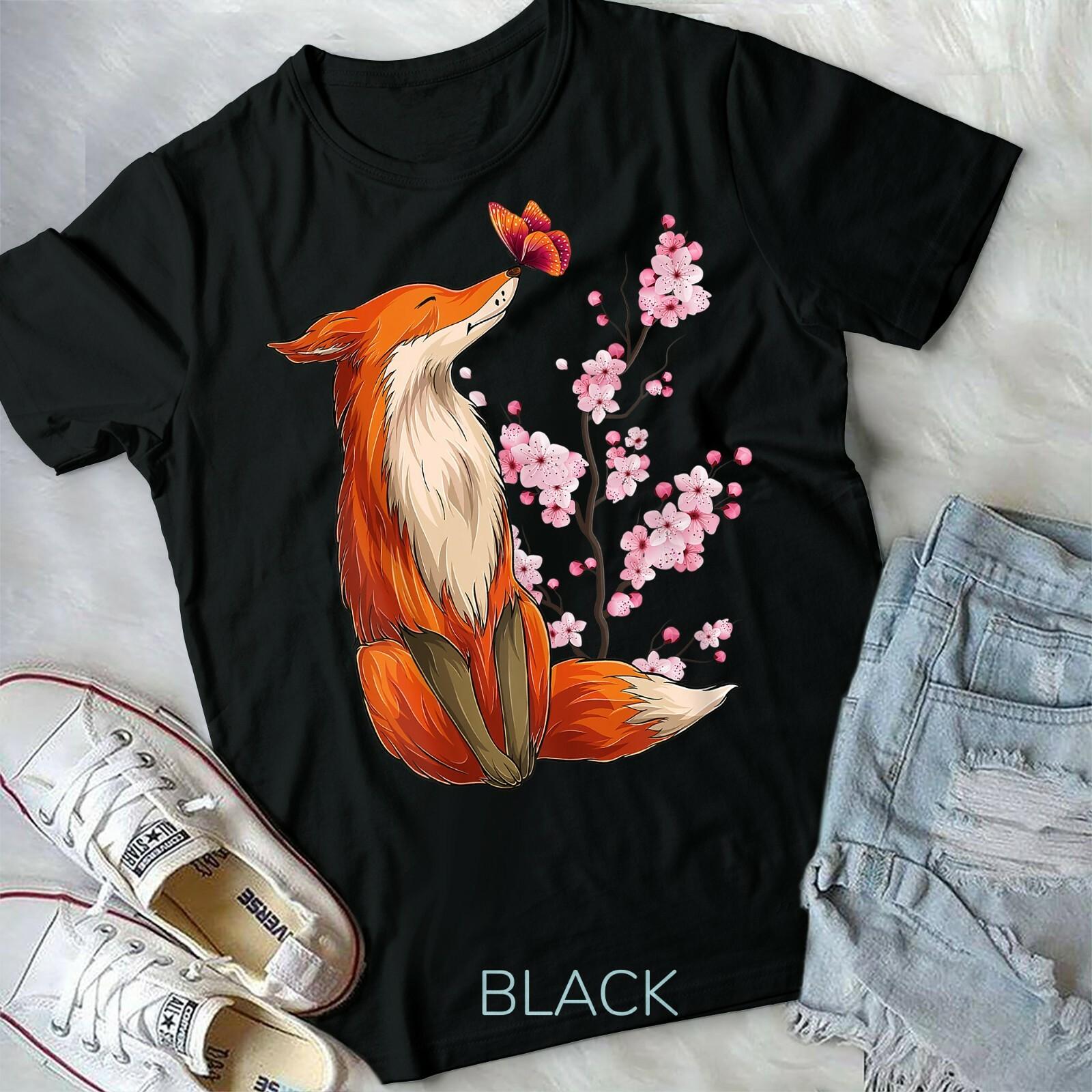 Japanese Fox Cherry blossom Flower sakura trees Kawaii Unisex Form T-shirt L
