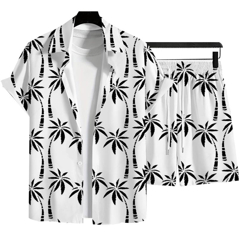 Modisches Herren Sommer Urlaubsstil Hawaiianische Kokosnuss Strand Aufdruck Lässiger Komfort Kurzarmhemd Strandshorts 2-teiliges Set