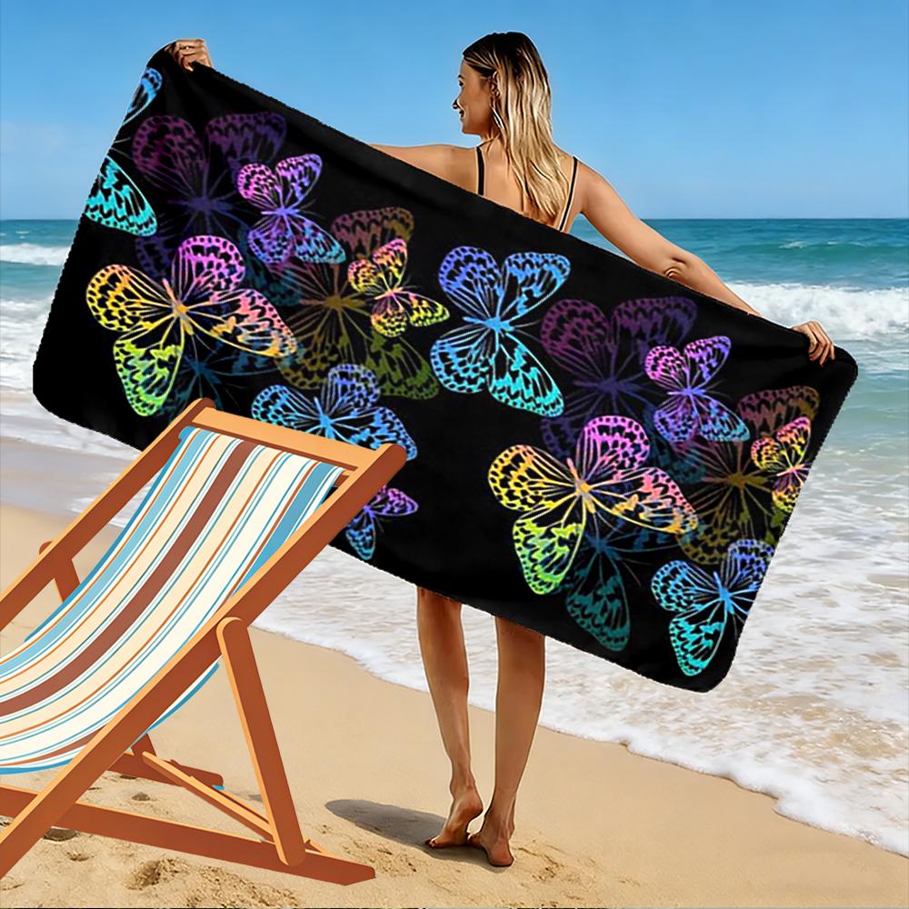 Colorful Butterflies on Black Background Beach towel quick-drying for travel outdoor sports jogging beach and swimming