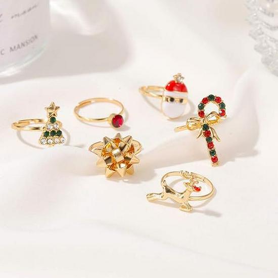 Trendy Metallic Elk Christmas Ring Set - 8 Pieces
