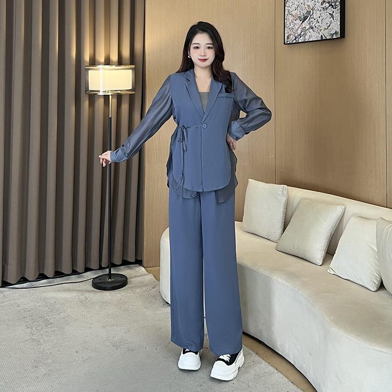 

Весенний костюм из шифона больших размеров в корейском стиле 2025: Комплект куртки свободного кроя и брюк широкого кроя для женщин M (Recommended for 90-105 jin)