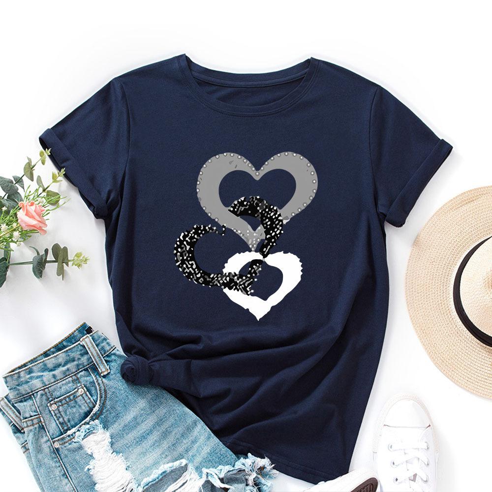 3 Circle Heart Pattern Cotton T-Shirt Short Sleeve Round Neck Women 2d Print Tops