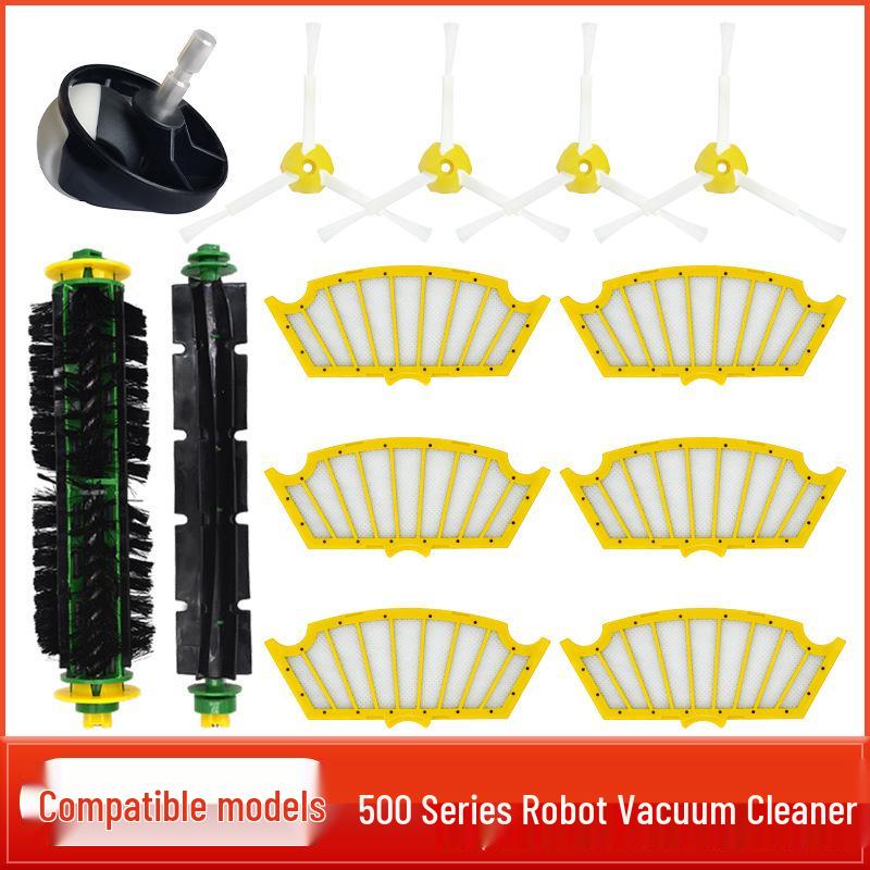 Kompatibles Zubehör für die iRobot Roomba 500-Serie: Rollenbürste, Hauptbürste, Seitenbürsten, Filtersieb, Filterelement.