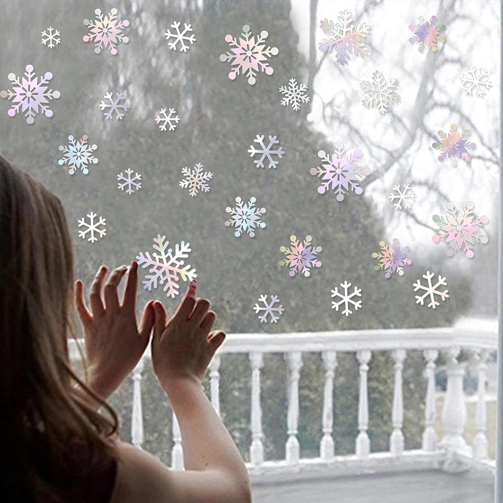 pinkblume 72pcs Iridescent White 3D Snowflake Wall Stickers Holographic Snowflakes Wall Decals for Winter Wonderland Christmas Frozen Nursery Xmas