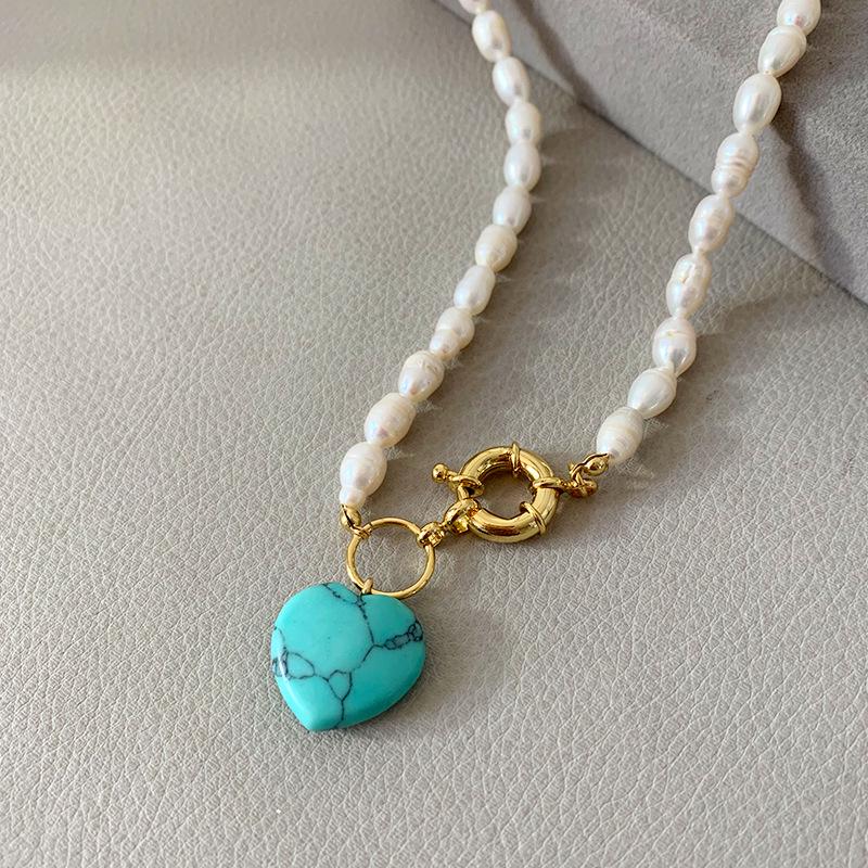 Blue Pine Heart Pendant Necklace with Natural Freshwater Pearls - Niche Design Sweater and Clavicle Chain