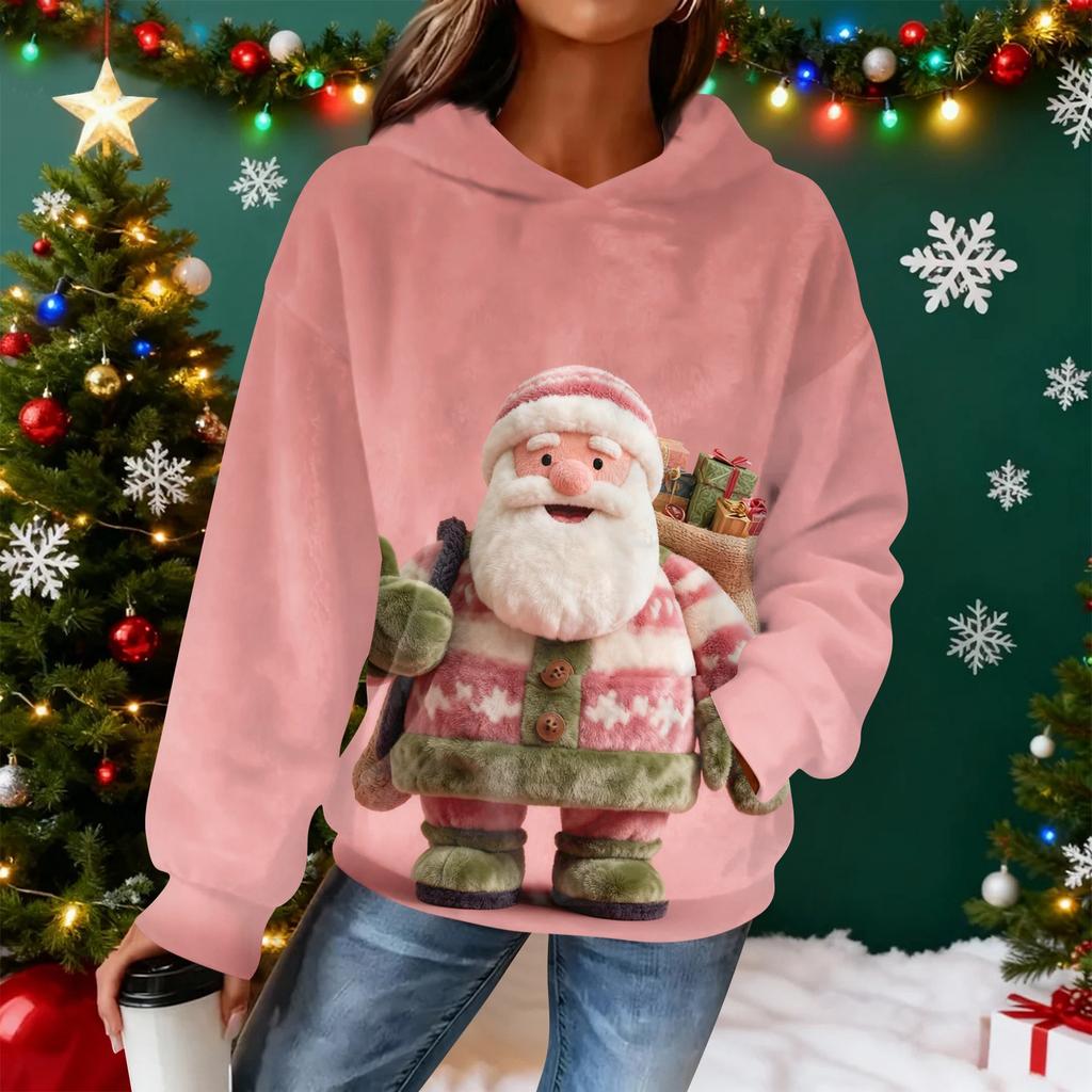 Sudadera con capucha de franela con estampado navideño de manga larga para mujer