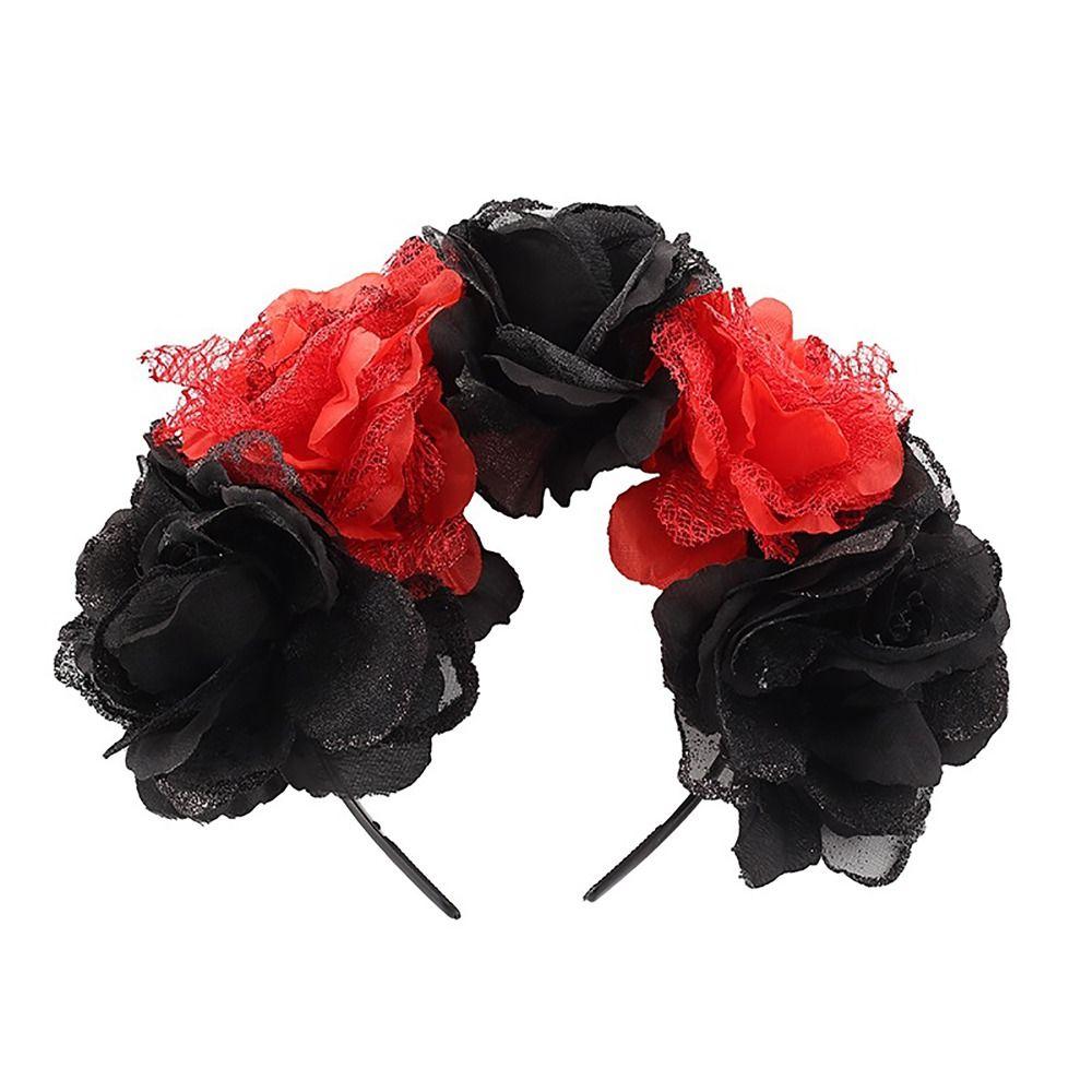 1PC Halloween Rose Flower Headband Mexican Rose Flower Crown Headpiece with Black Veil Party Costume Cosplay Headwear Decoration