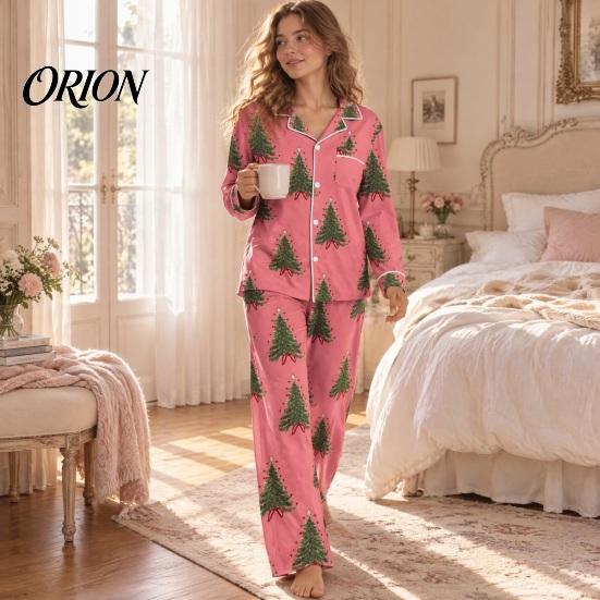 Breathable Pajamas 2Pcs/Set Women Christmas Pajama Set, Long Sleeve Button Down Shirt Soft Loungewear Gift Wide Leg Pants Cute Xmas Print Sleepwear