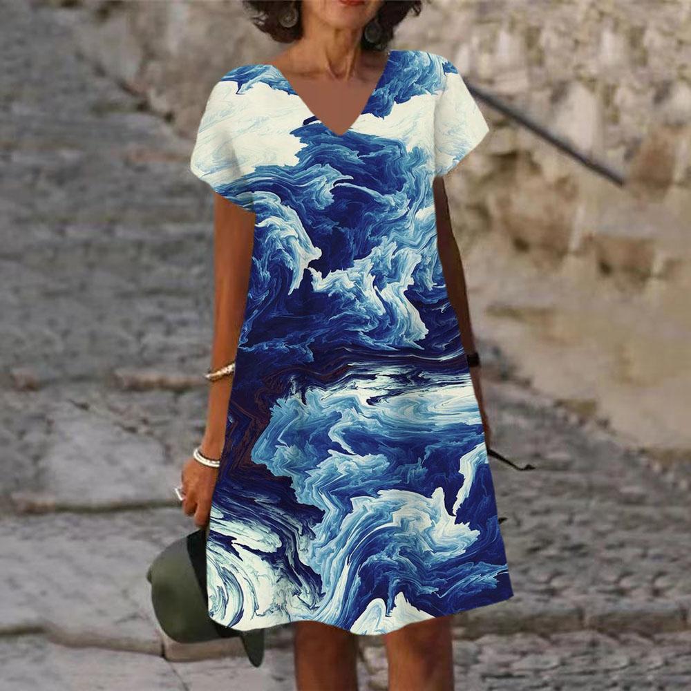 Tie Dye Regenbogenprint Damenkleid Elegant Süß Lässig Kurzarm V-Ausschnitt A-Linie Kleid Sommer Mode Oversized Kleidung Damen