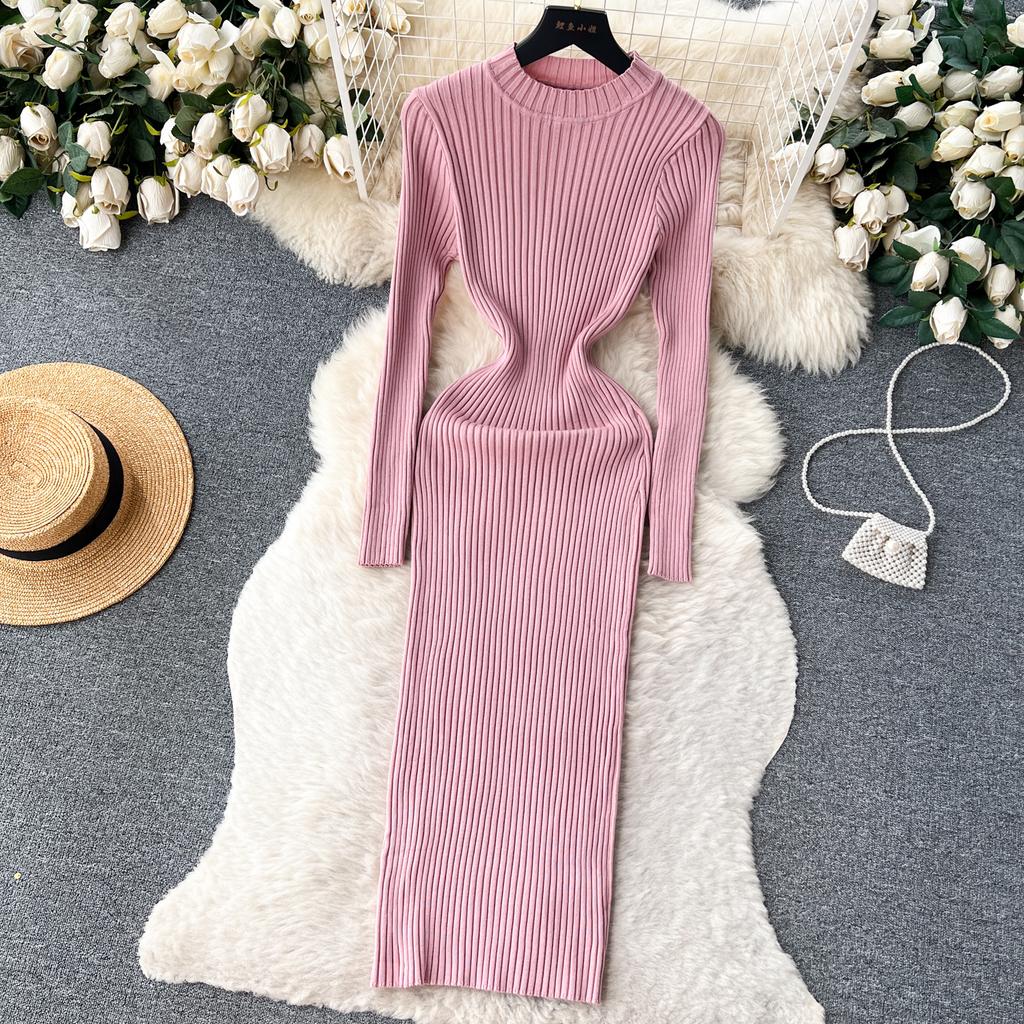 Abito aderente a maniche lunghe a maniche lunghe con scollo a O elegante elegante da donna Abito aderente in maglia aderente alla moda sexy con abiti elastici sottili