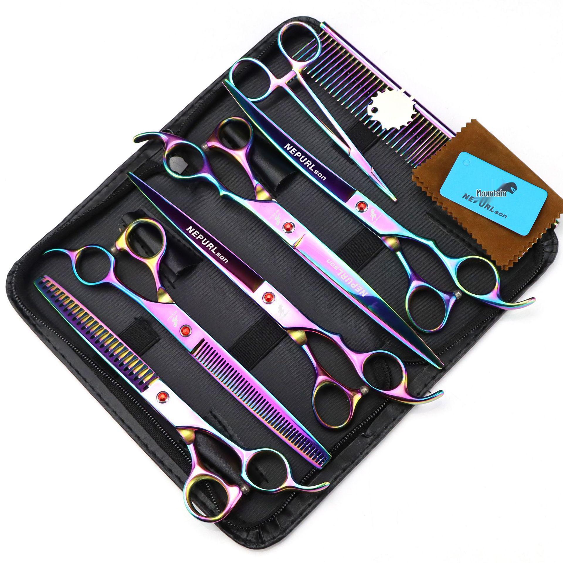 Napsun 8 Colorful 5-Piece Pet Grooming Scissors Set: Straight & Curved Shears