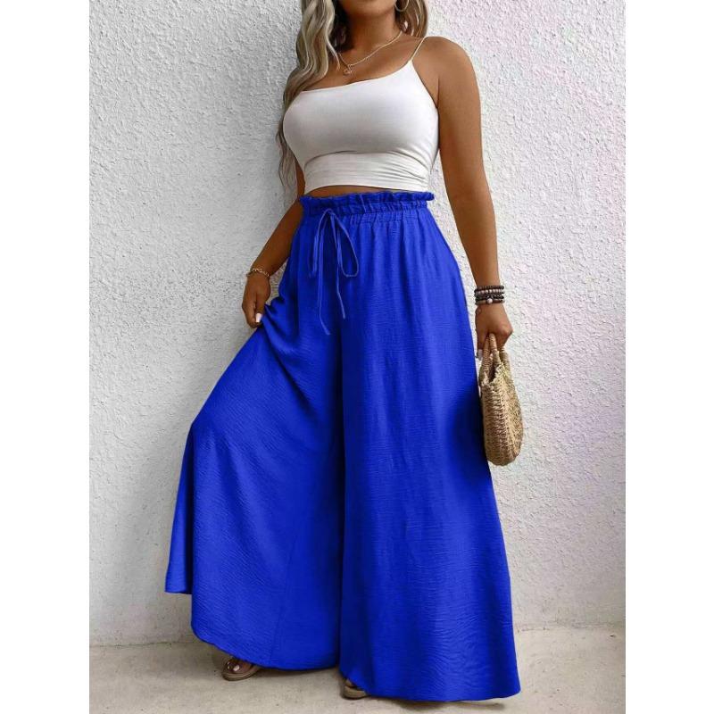 Women Casual Loose Drawstring Mid Waist Solid Color Wide Leg Long Pants