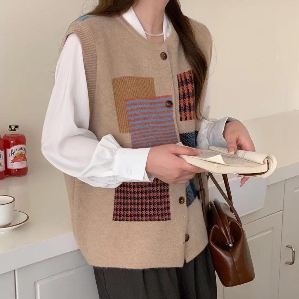 DIMANAF 2024 Winter Autumn Women Plaid Sleeveless Vest Sweaters Knitting Fashion Oversize Casual Style Loose Sweater