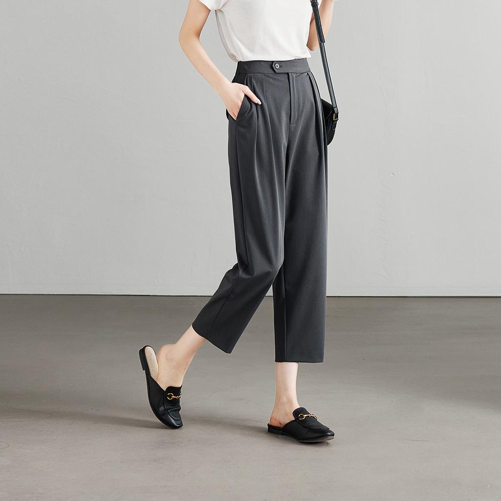 Half elastic waist double pleated commuting casual pants for women in 2026 summer, thin, fashionable and versatile, Haren cropped pants