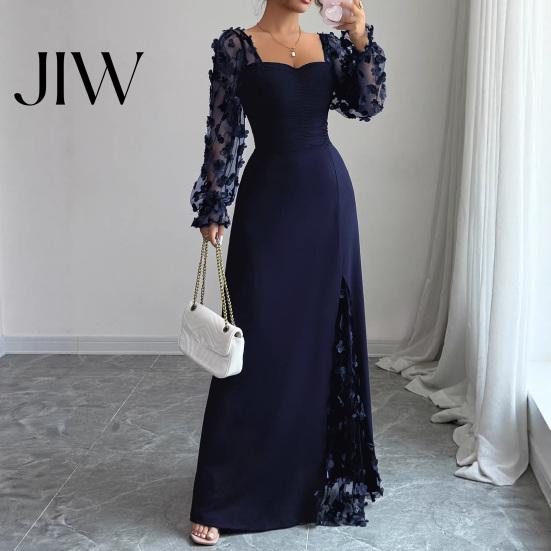 Einfarbiges Outfit Langarm-Kleid mit Blumenspitzenärmeln für Damen, Eckiger Ausschnitt Rüschen A-Linie Partykleid, Schmale Taille Maxi