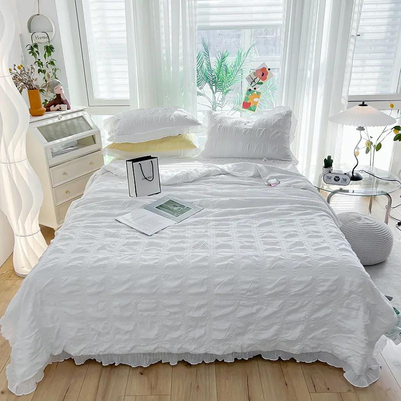 Princess Style Seersucker Summer Quilt Four-Piece Dormitory Chiffon Lace Airable Cover Machine Washable Thin Duvet