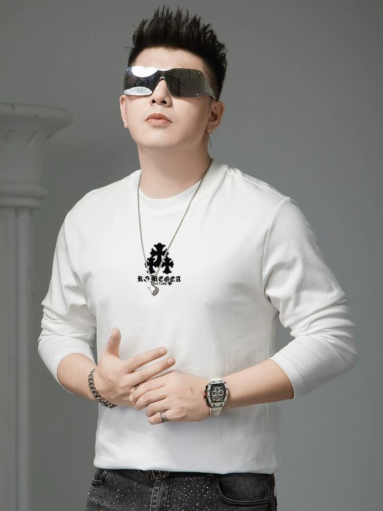 European-Style Round Neck Long-Sleeve T-Shirt for Men, 2025 Autumn New Fashion Brand Printed Tee, Men's Base Shirt, Casual Top