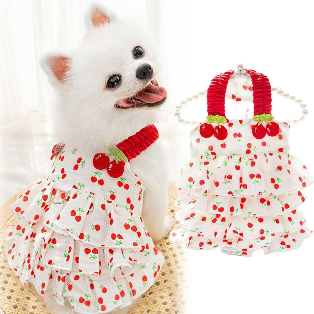 With Buckle Puppy Lace Skirt Cherry Pattern Wedding Dress New Dog Princess Dress  Summer Clothing