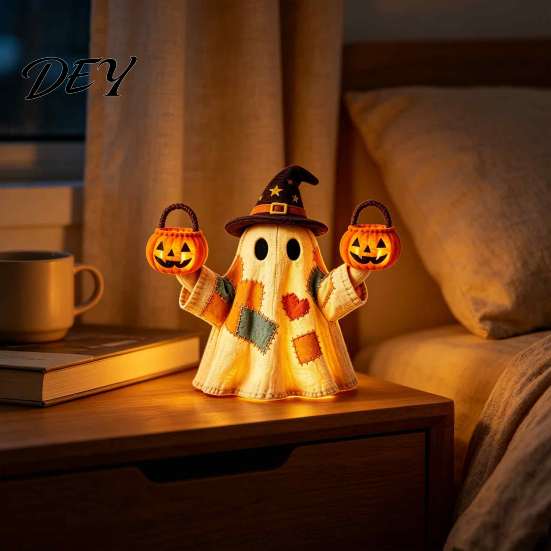 Tiered Tray Halloween Decoration Lighted Vintage Patchwork Ghost, Decor for Home Display, Vintage-inspired Ghost Figurine Rustic Fall with Soft
