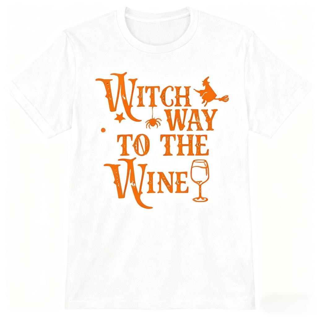 Witch Way To The Wine Graphic Tee Humorous Halloween Wordplay Print Cotton T-Shirt Spooky Fun Top for Adults