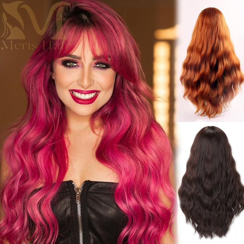 

Женская мода Длинные розовые волнистые волосы с париком с челкой (18 цветов)