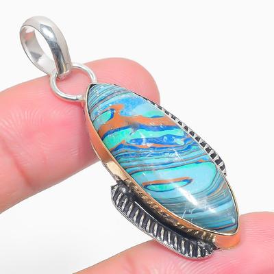 Natural Calsilica Gemstone Two Tone 925 Sterling Silver Pendant 2.17" M8N53