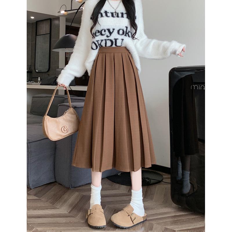 Chic Winter Wool Pleated A-Line Midi Skirt - Plus Size, Age-Reducing, Solid Color