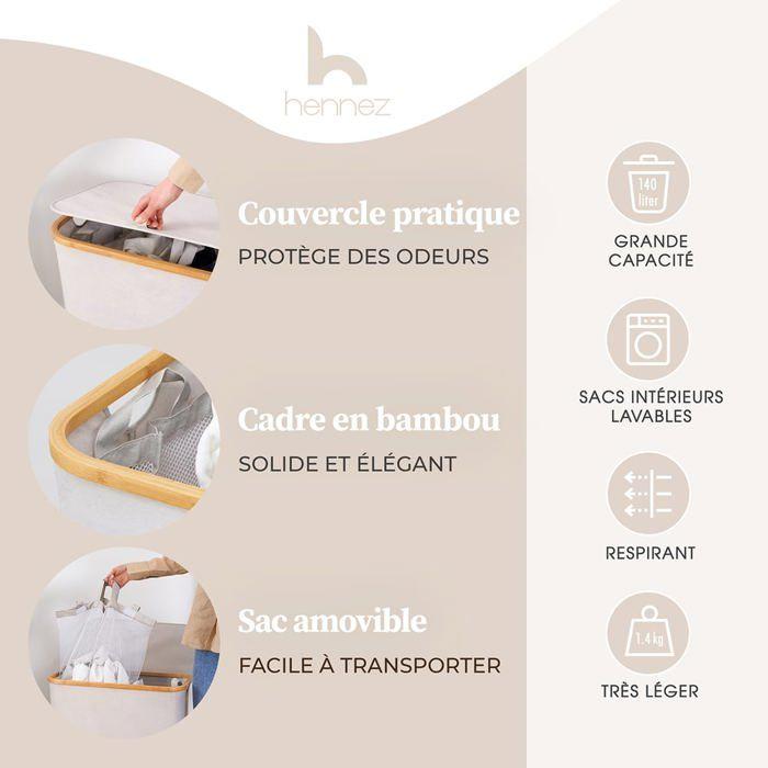 Panier linge - hennez - 140l - 2 compartiments - pliable - couvercle en bambou - beige