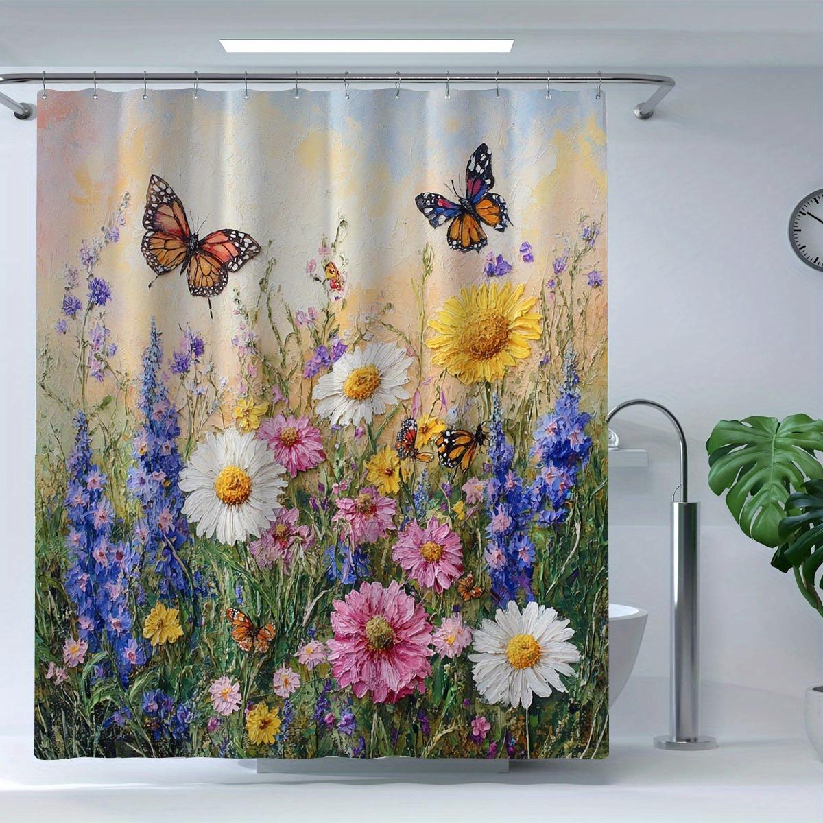 

1 Spring Garden Butterfly Shower Curtain - Bright Floral And Butterfly Design, Polyester, Machine Washable, Hooks Included W60H190(CM)-1 Pcs