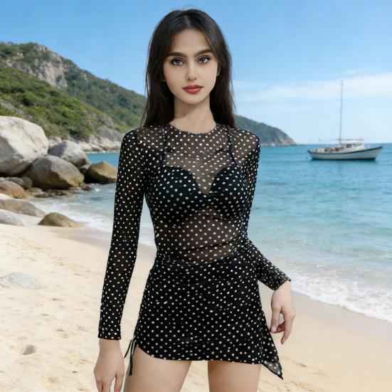 Set Costume da Bagno da Donna 3 Pezzi Set Reggiseno a Triangolo Imbottito con Supporto in Acciaio Pantaloncini da Bagno a Vita Alta Set con Copricostume Stampato a Pois Costumi da Bagno per le Vacanze