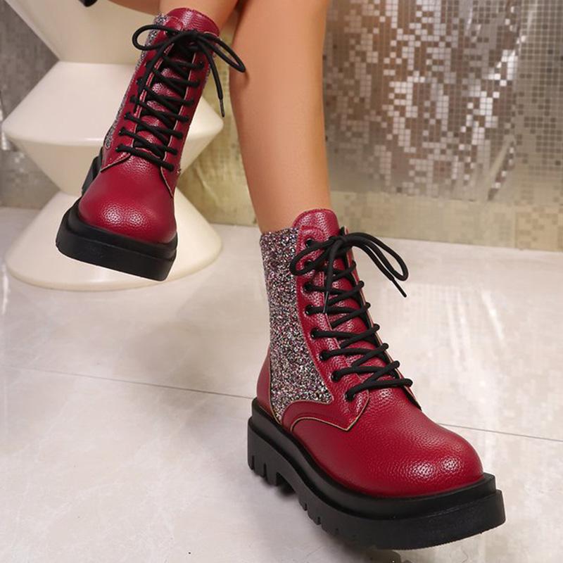 Retro Red Bling Shiny Boots for Women Lace Up Plus Size Ankle Boots Woman Spring Autumn Round Toe Thick Bottom Botas Mujer