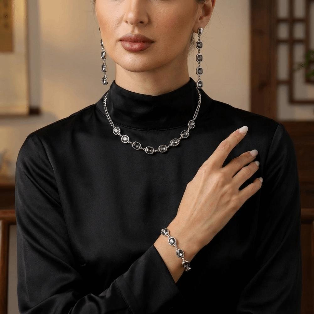 Simple Alloy Rhinestone Jewelry Square Black Necklace Earrings Hand Chain Geometric Women's Fashion Jewelry Bride