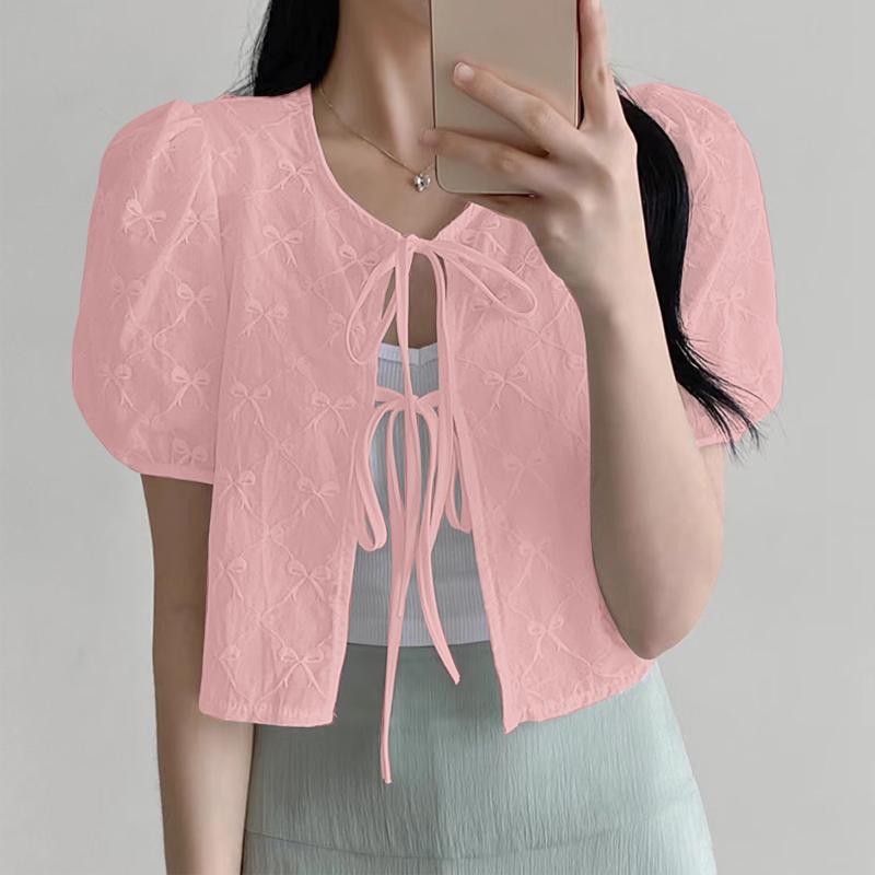 

ZANZEA Women Casual Lace Up Round Neck Short Sleeve Embroidery Cardigan Tops 5XL рожевий