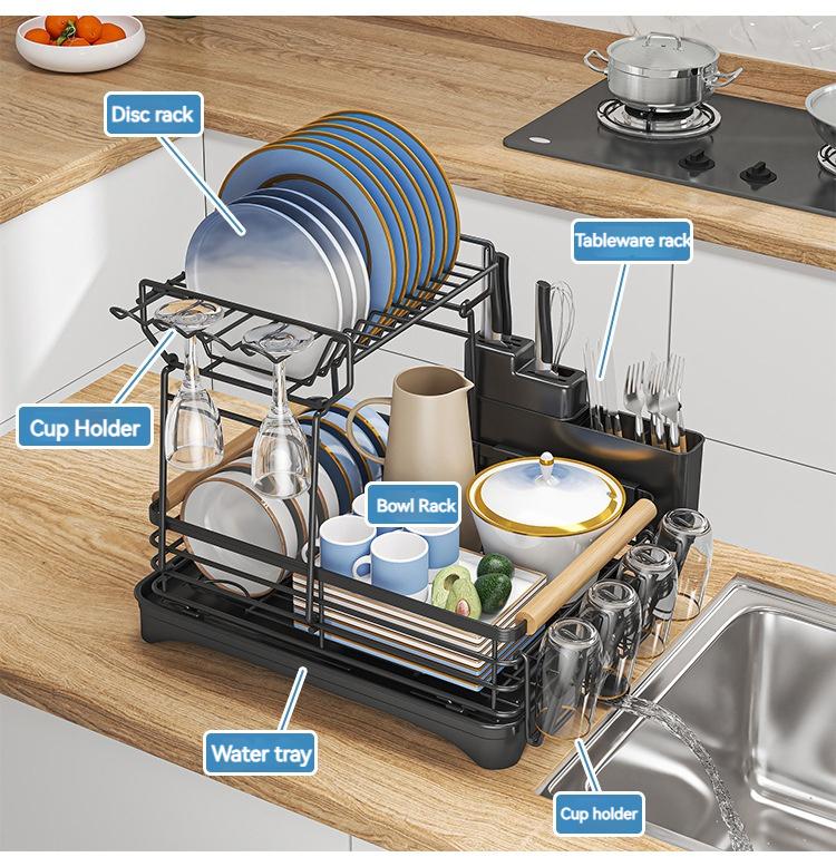 Dish Drying Rack with Drainboard Kitchen Utensils Drainer Rack With Chopstick Cage Space Saver Counter Storage Tableware Holder