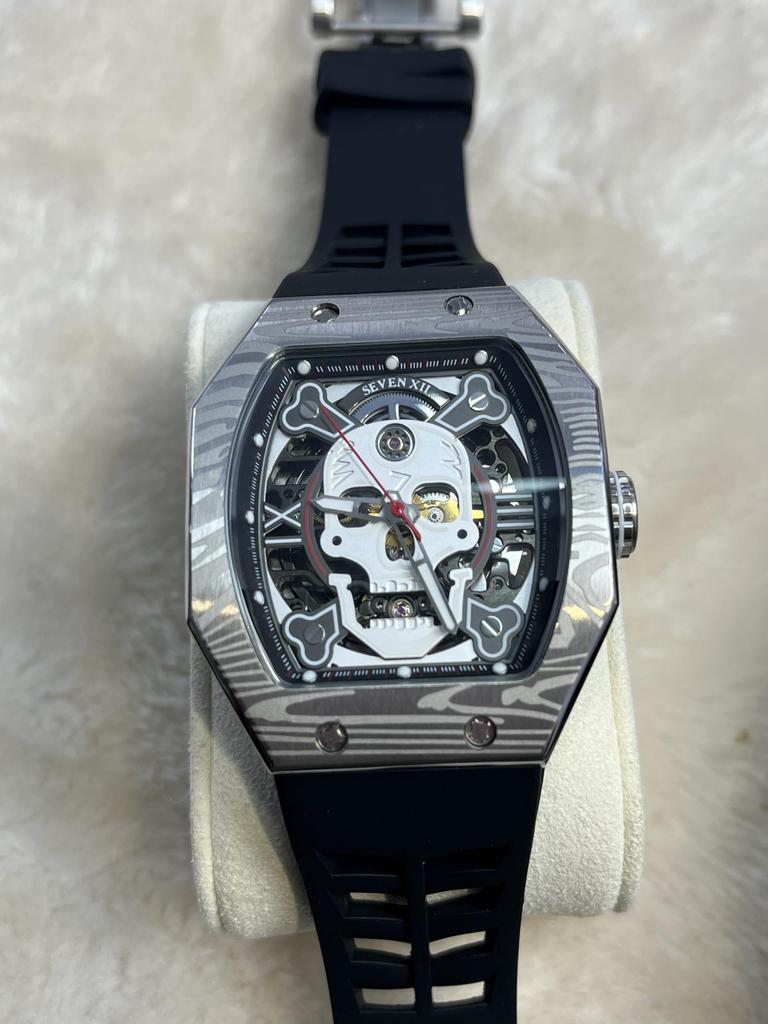 SEVEN XII Mechanical Skeleton Automatic Luminous for Gentlemen Men's Watch, Winding, Dial, Waterproof, Luxury, (White)