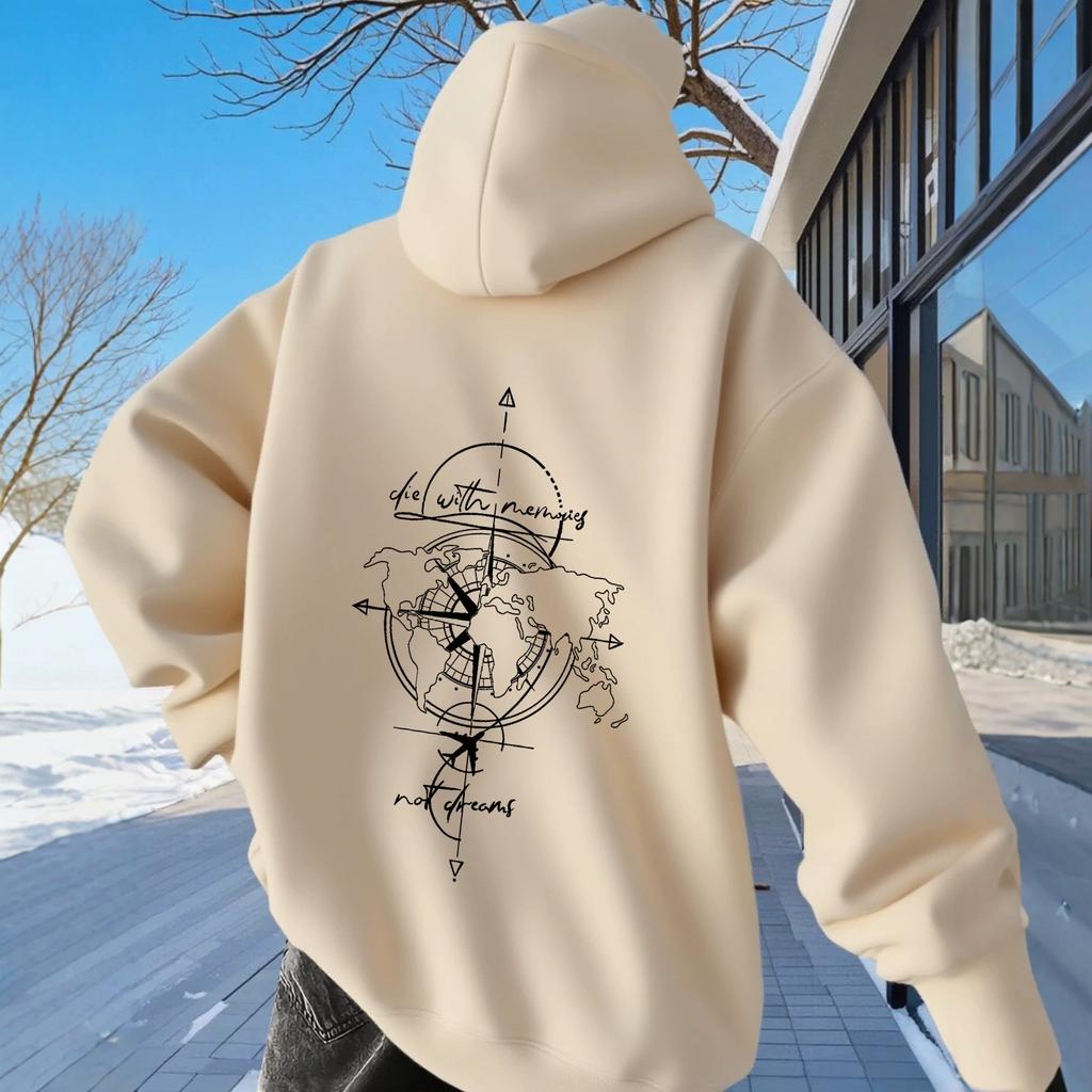 Men's hooded sweater map compass print loose pullover hoodie travel style casual men's wear