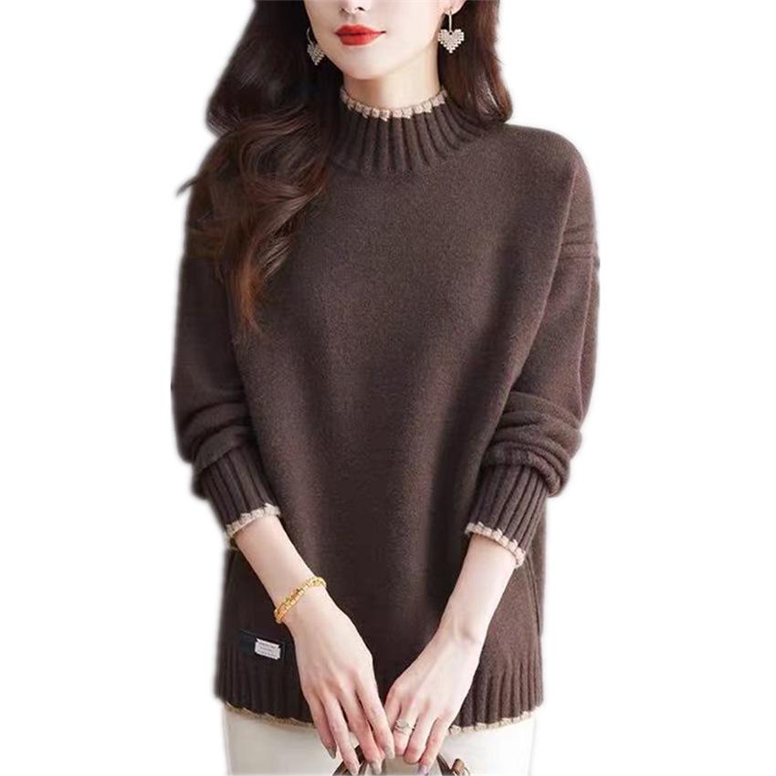 Plus Size Color Block Half-High Neck Sweater - Women's Loose Autumn/Winter Knit Pullover