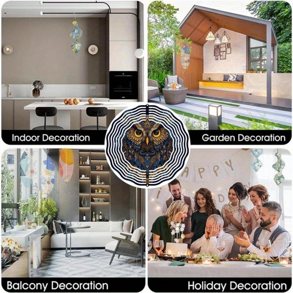 Kaijit - Majestic Owl Design 3D Hanging Wind Chime with Golden Mirror Reflection, Bird Deterrent Outdoor Decor for Garden & Weddings