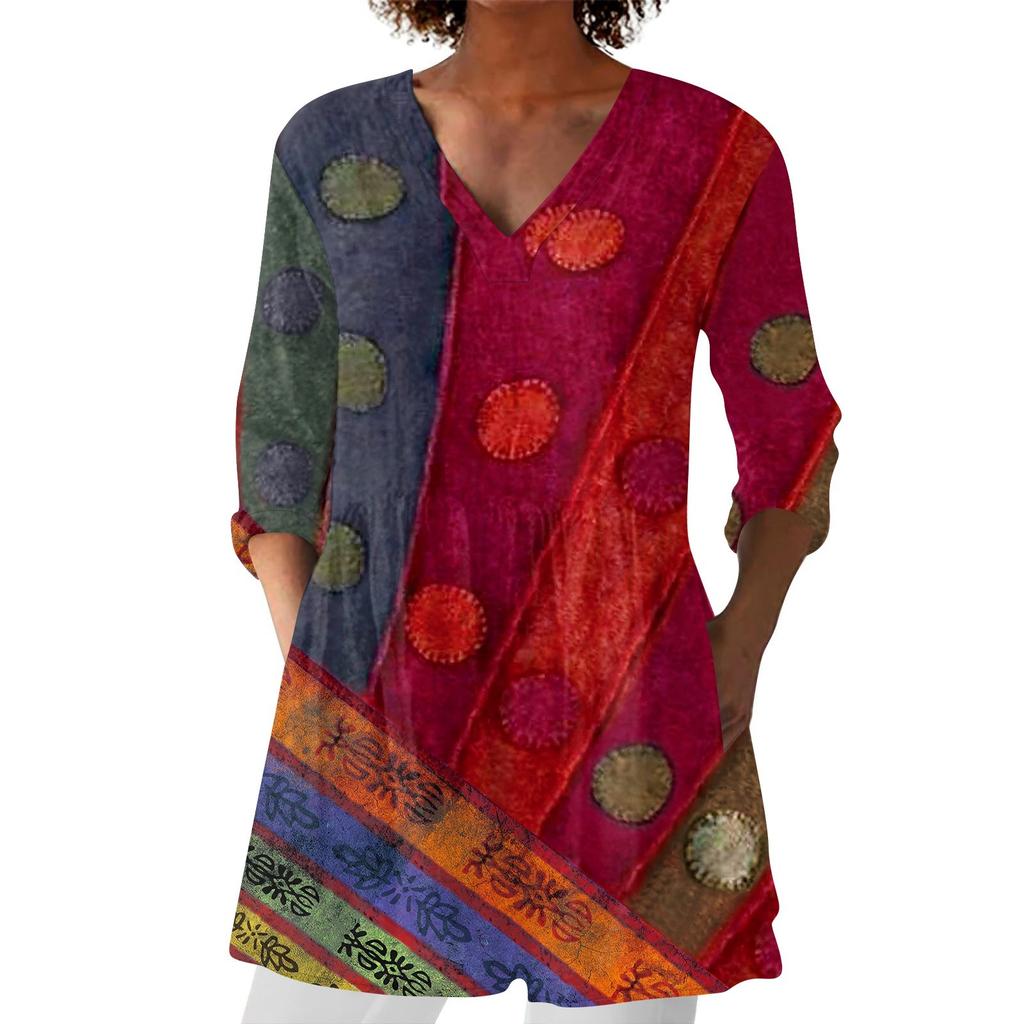 Women's Fashion Printed V Neck 3/4 Sleeve Pocket Casual Loose Fit Pullover Shirt Top