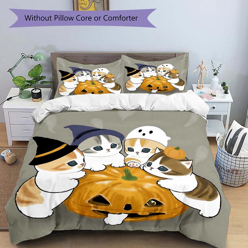 

Набор пододеяльников на Хэллоуин с котятами, 3 шт. - Мягкая и удобная полиэстеровая ткань, всесезонный дышащий комплект для 1 пододеяльника и 2 наволочек 135x200cm