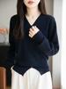Women's Coffee Velvet V-Neck Knit Sweater – Autumn/Winter Korean Style Pullover Top