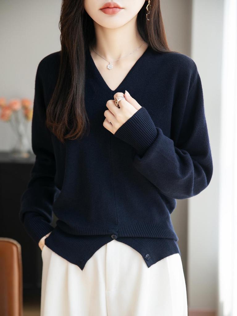 Women's Coffee Velvet V-Neck Knit Sweater – Autumn/Winter Korean Style Pullover Top