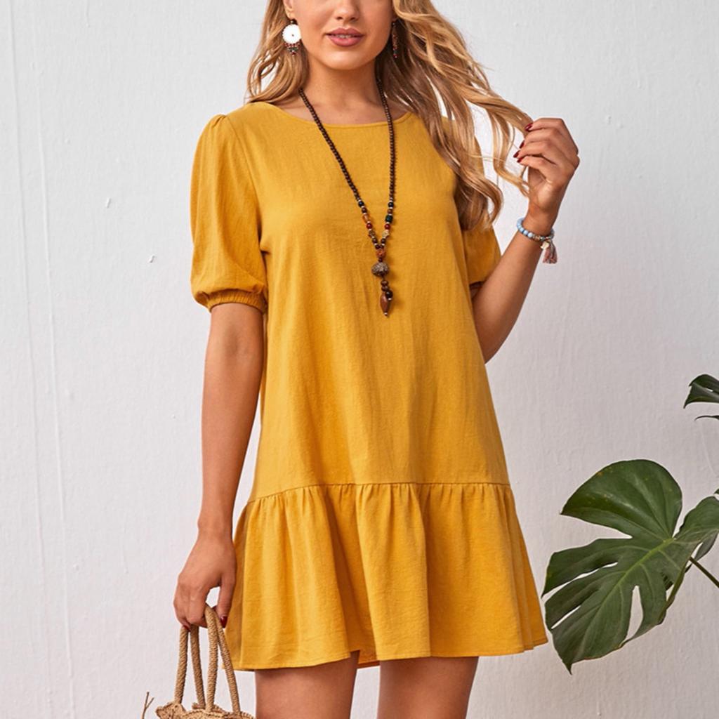 2025 New Women's Dress Solid Color Loose Waist Cotton Linen Crew Neck Dress
