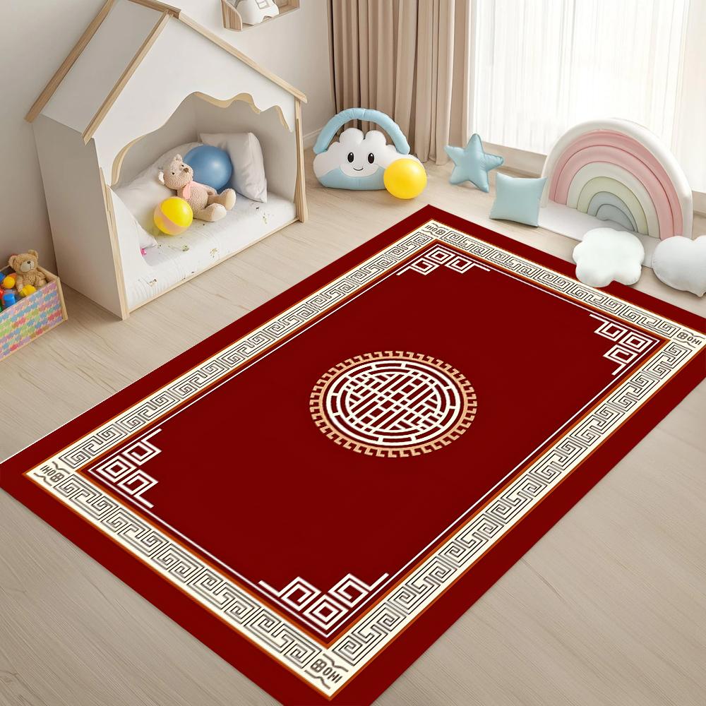 Chinese Traditional Pattern Rug Double Happiness Cloud Motif Ethnic Retro Anti-Slip Carpet for Living Room Bedroom