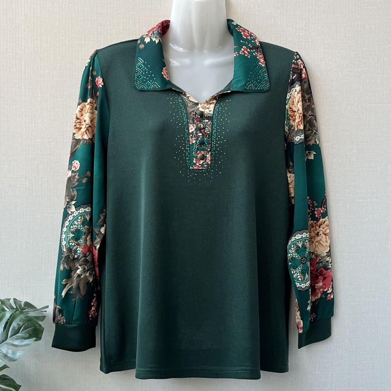 Spring Women's Long Sleeve Printed T-Shirt Loose Polo Collar Pullover Plus Size Blouse