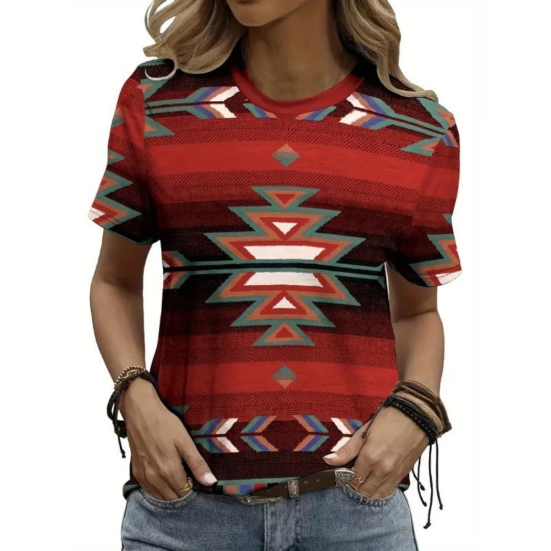 Summer ethnic style 3D printed women's retro casual round neck short sleeved T-shirt