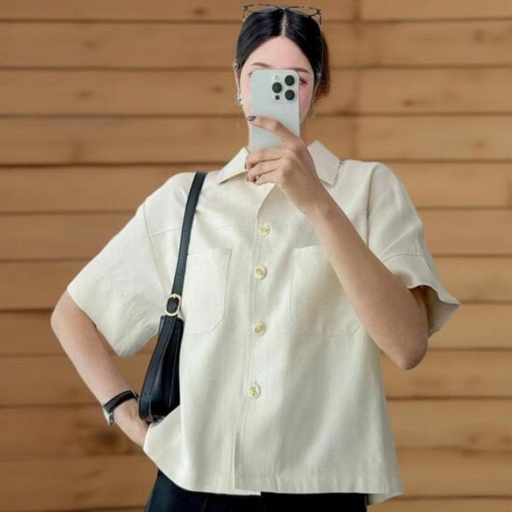 New Arrivals Open Run Women Puff Sleeve Short Sleeve Linen Back Split Shirt
