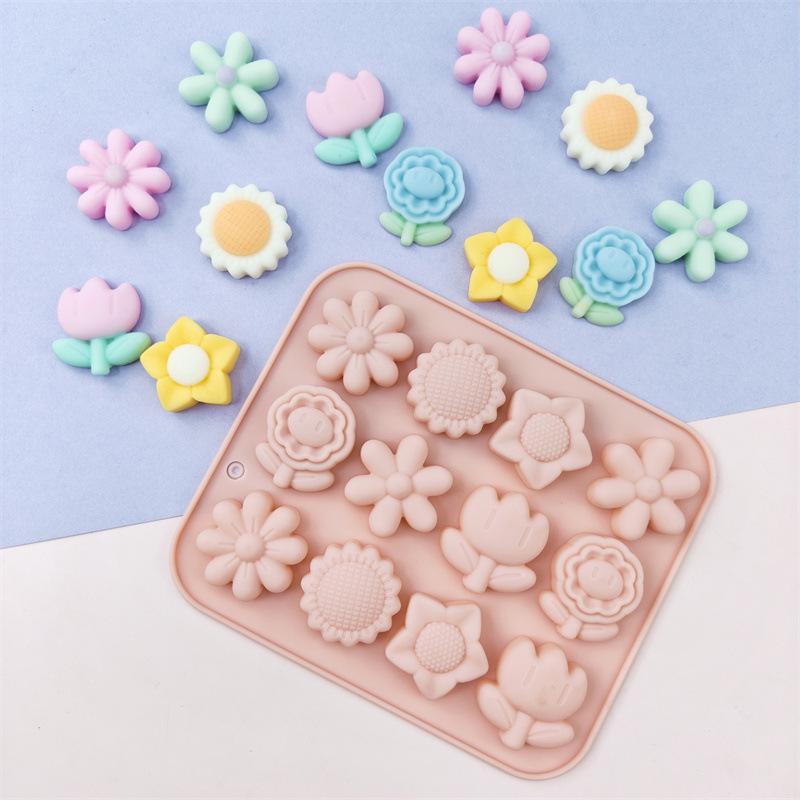 12-Cavity Silicone Mold for Flower Shapes: Sunflower & Tulip Resin Epoxy Cake Decoration Mold