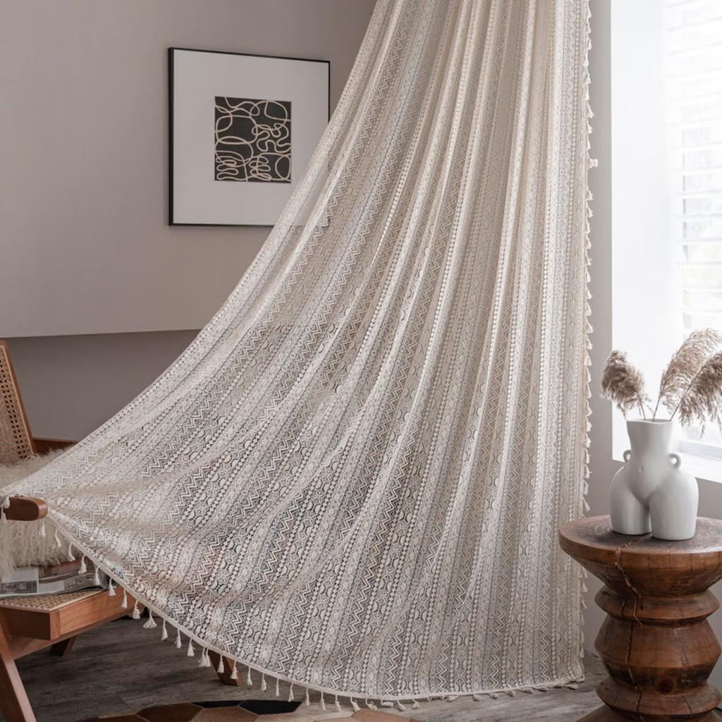 Vintage Geometric Wave Lace Curtain with Tassel, Romantic Semi Sheer Light Filtering Lace Drapes for Living Room Bedroom Kitchen, Multi-Size Available