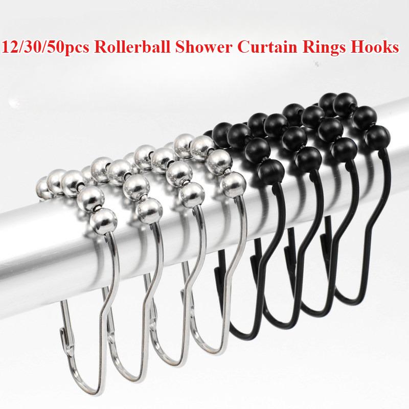 12/30/50pcs Stainless Steel Curtain Hooks 5 Rollers Polished Satin Nickel Ball Bath Curtain Rollerball Shower Curtain Ring Hooks